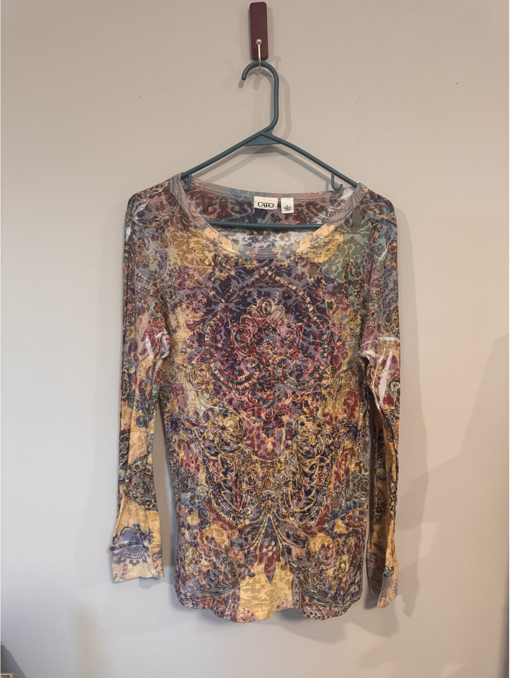 Cato Bohemian Paisley Graphic Long Sleeve Top Knit Blouse Studded